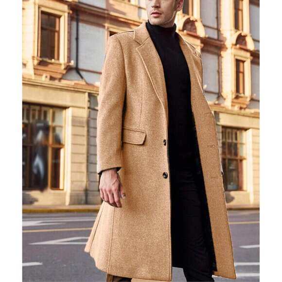 Men's Khaki Slim Fit Notched Collar Long Casual Trench Coat with Pocket - Picture 3 of 6